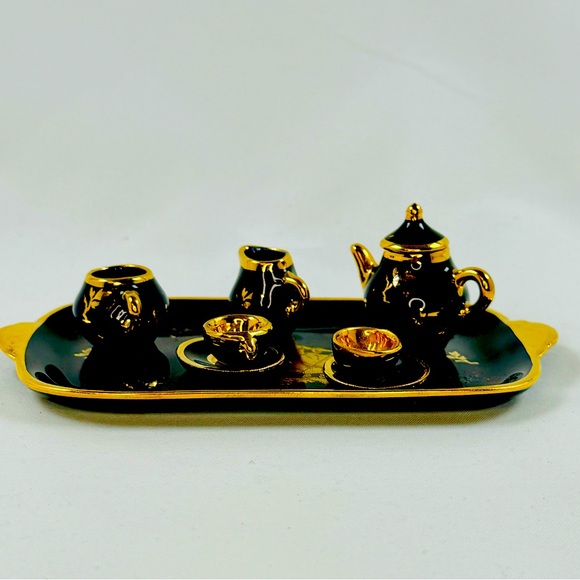 Limoges Other - Vintage Miniature 9 Pc Tea Set Limoges France Cobalt Blue, Gold Collectible